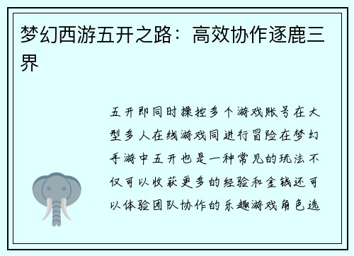 梦幻西游五开之路：高效协作逐鹿三界